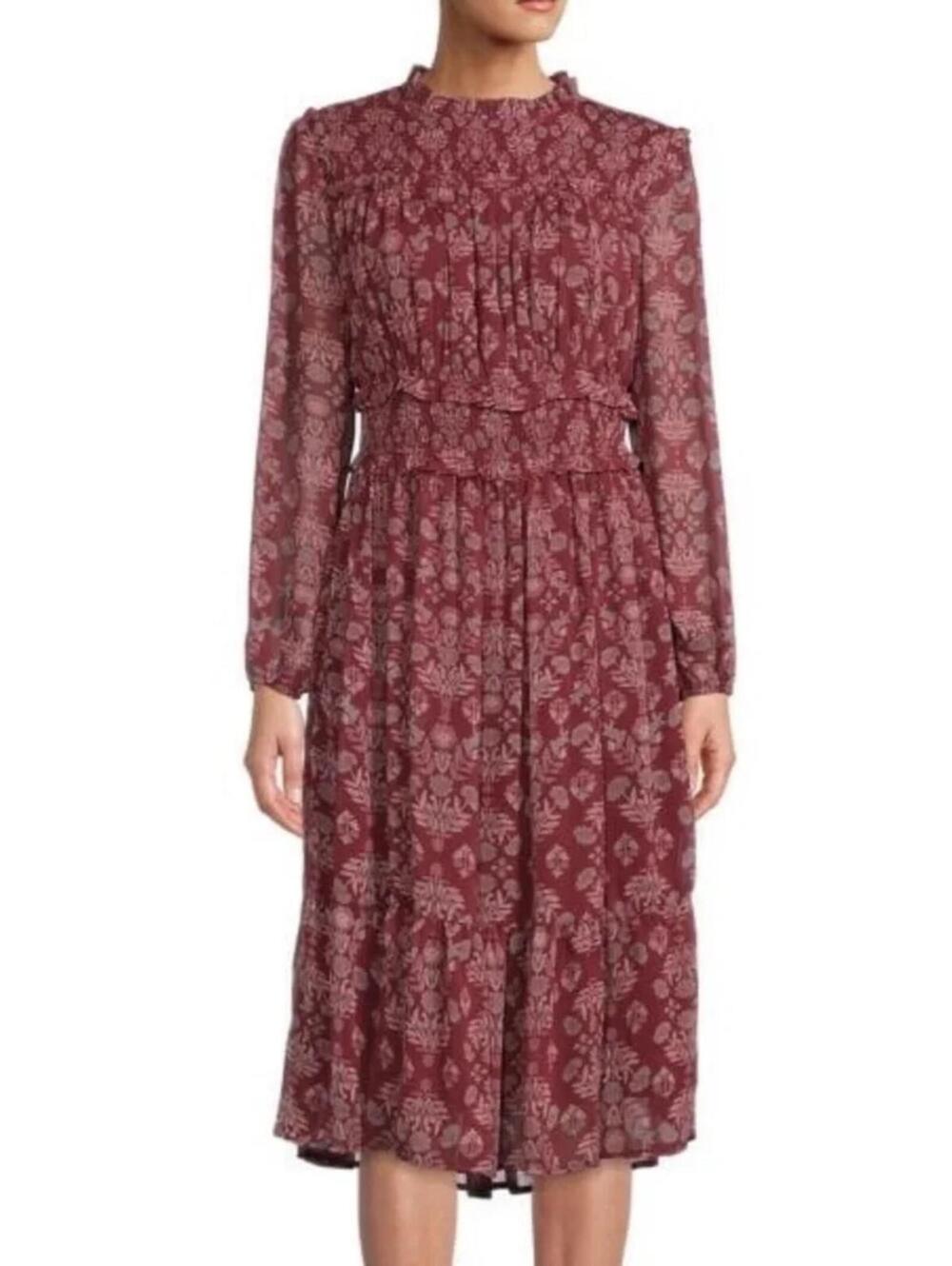 Saks Fifth Avenue Burgundy Floral Boho Smocked Dress Floral Dress - Large